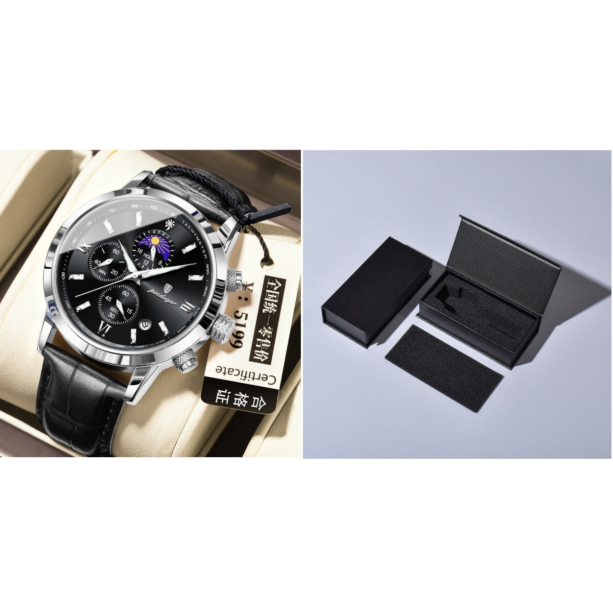 Montre pour homme avec phase de lune et chronographe multifonction