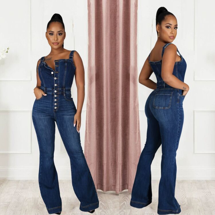 Women's Dark Blue Denim Casual Jumpsuit Mid Waist Wide Leg