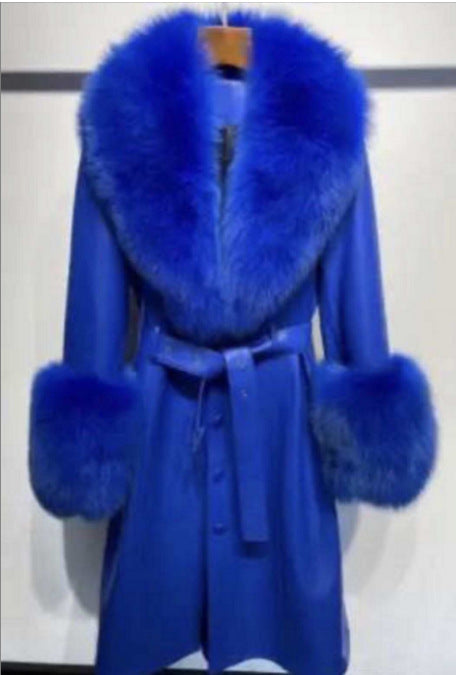 Slim-Fit Genuine Leather Sheepskin Coat with Fox Fur Collar