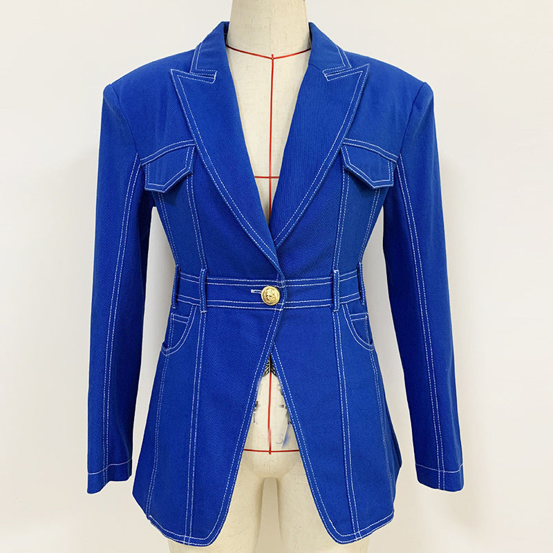 Cotton Denim Suit Jacket with Suit Collar and Wrap Sleeves