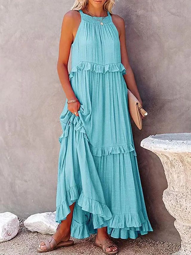 Robe longue d'été à volants, dos nu, col halter, pour femmes