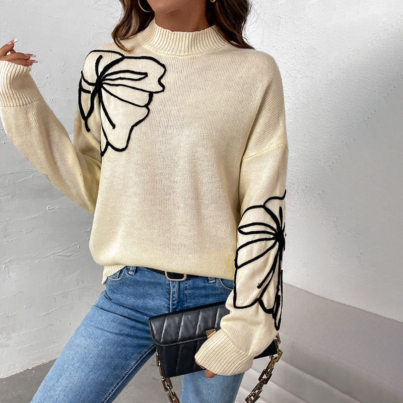 Women's Apricot Half Turtleneck Flower Print Sweater