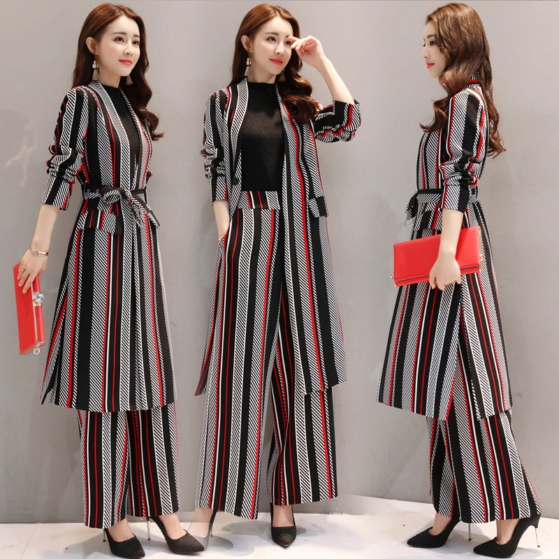 Women's Striped Trench Coat & Wide Leg Pants Two-Piece Set