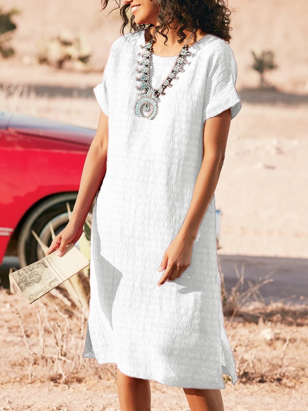 Round Neck Short Sleeve Midi Dress