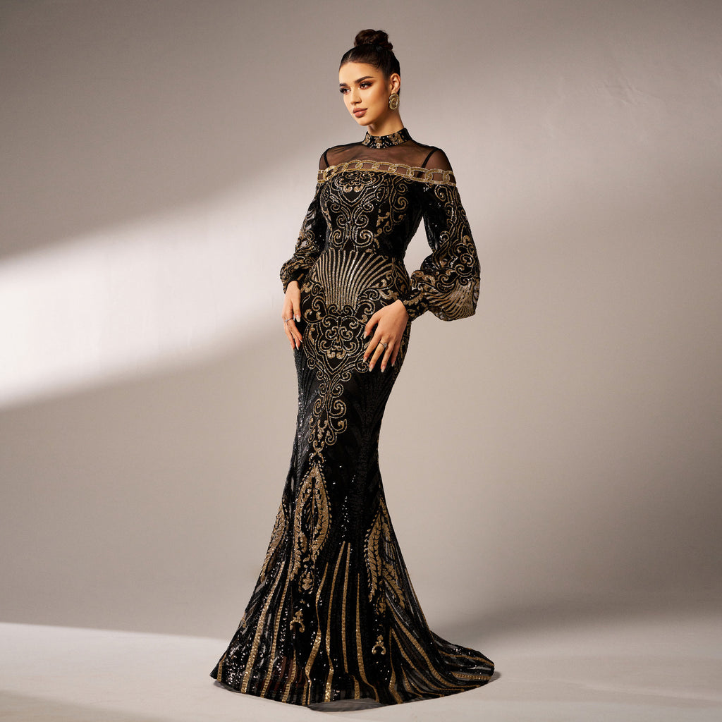 Robe de soirée sirène longue noire à manches longues, col rond et maille à paillettes