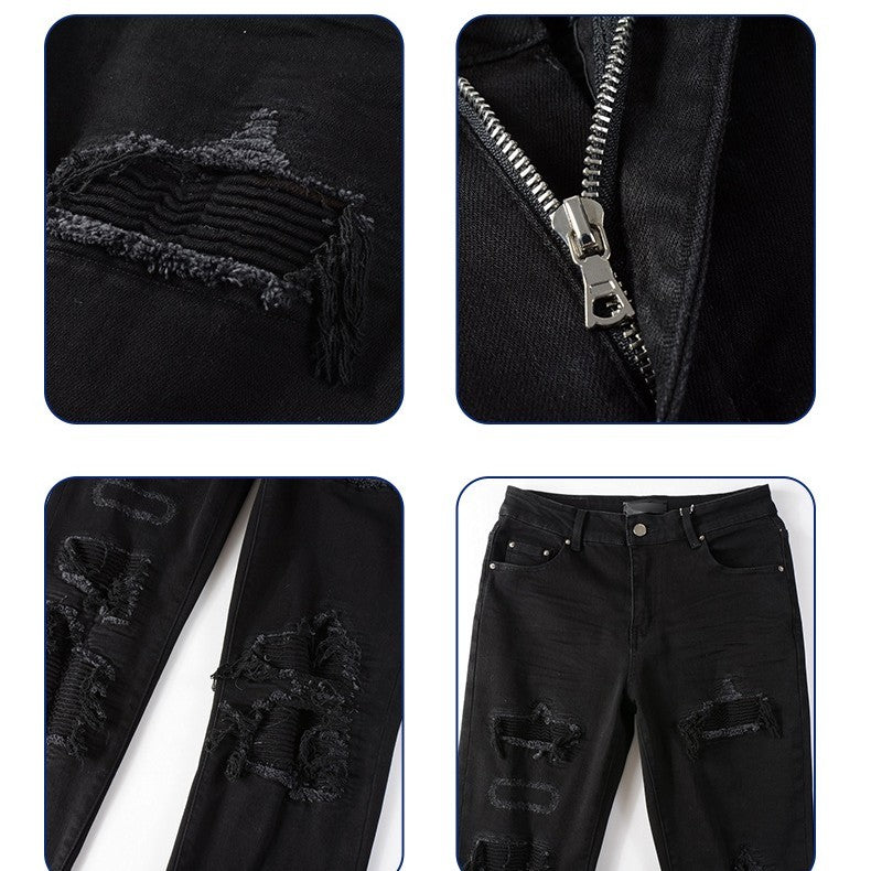 Jean plissé noir avec empiècements pour homme