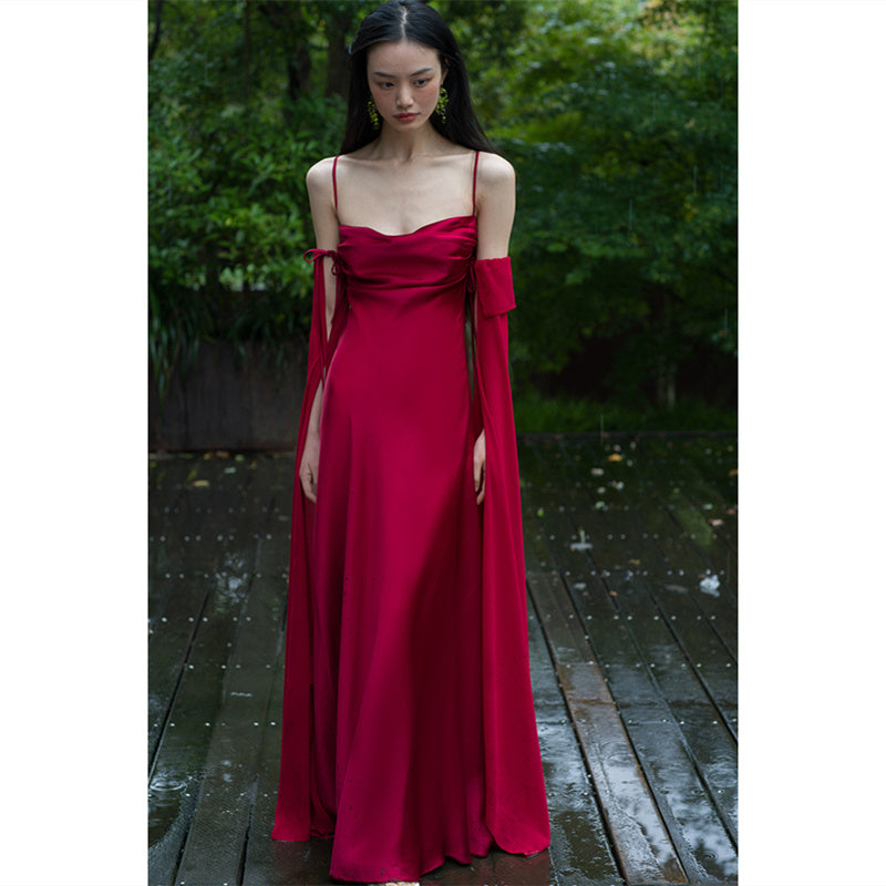Robe de mariée de luxe en satin acétate rouge vin pour femme