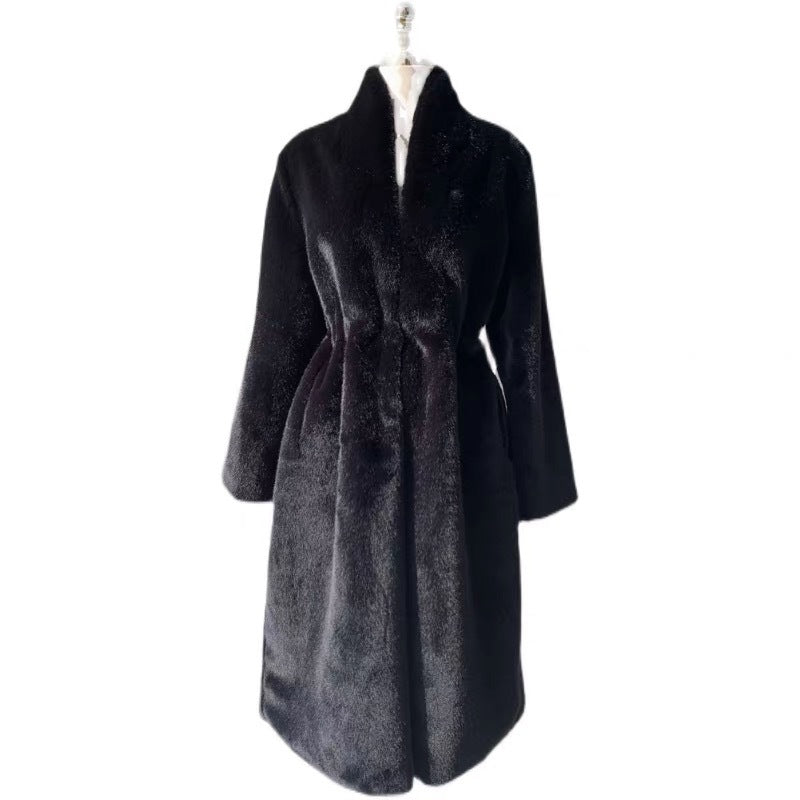 Manteau mi-long en fausse fourrure de martre noir pour femme avec col montant