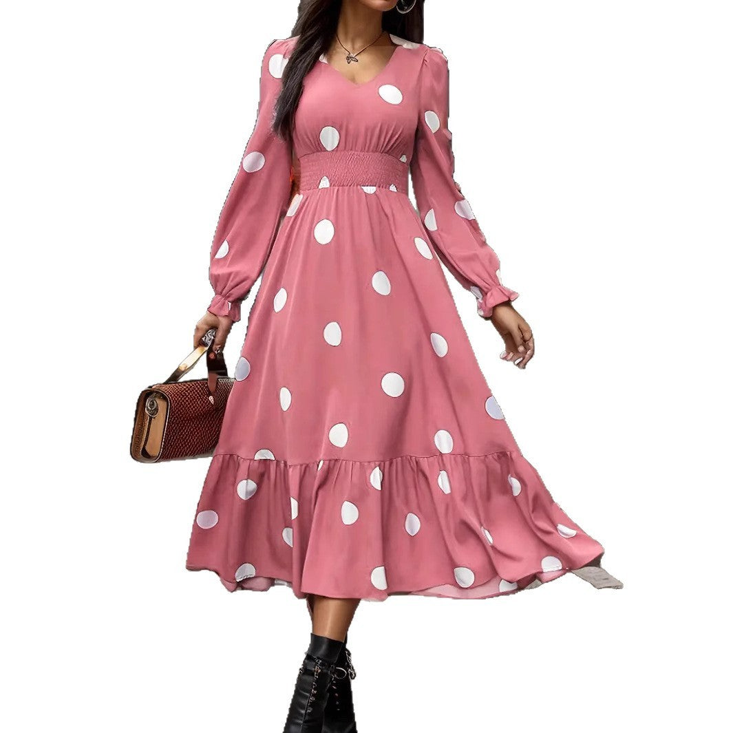 V-neck Long Sleeve Ruffled Hem Dress