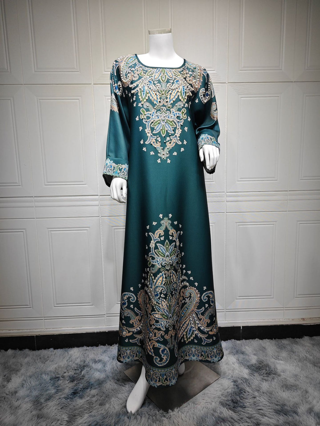 Dubai Printed Muslim Women's Long Sleeve Dress Polyester