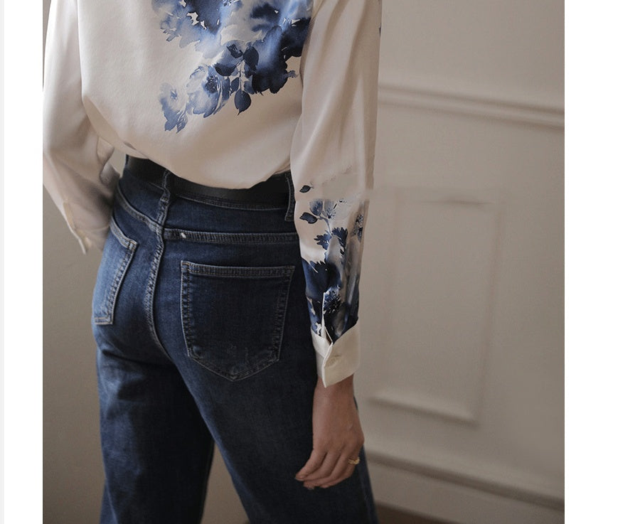 Women's Satin Silk Long Sleeve Shirt with Small Country Style