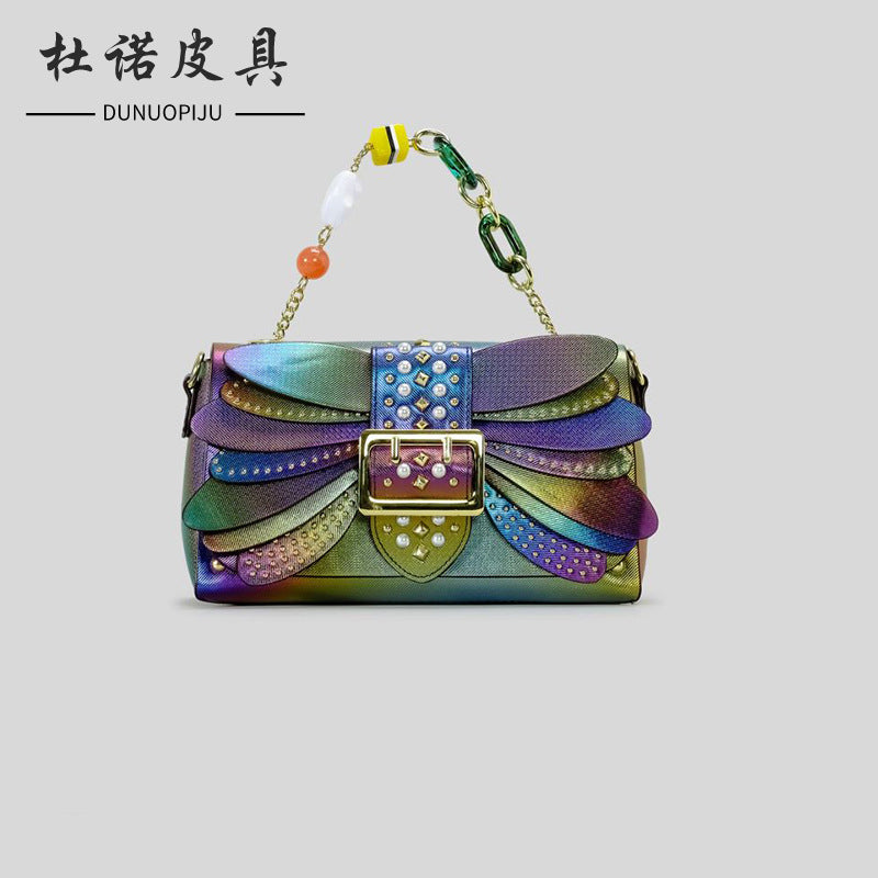 Contrast Color Rivet Butterfly Wings PU Handbag Crossbody Bag