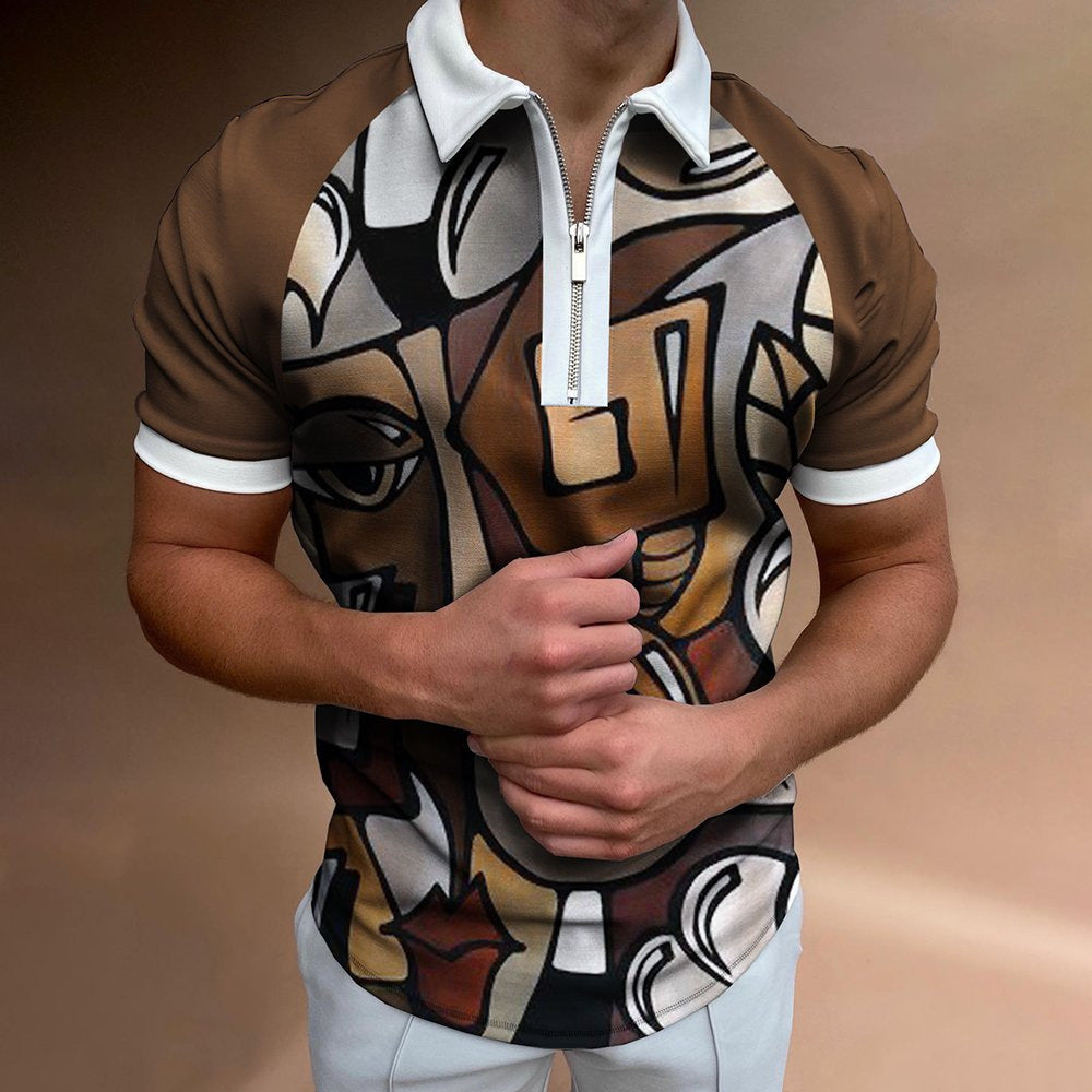 Men's Striped Printed Polo Shirt Short Sleeve Lapel T-Shirt