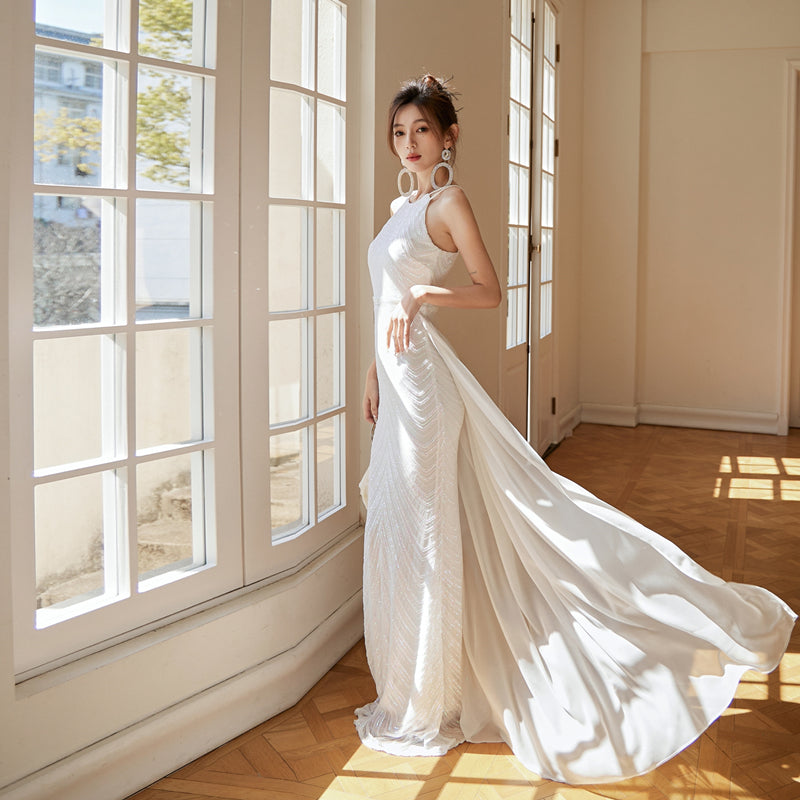 Robe Fourreau Blanche à Paillettes et Nœud Élégante Haut de Gamme