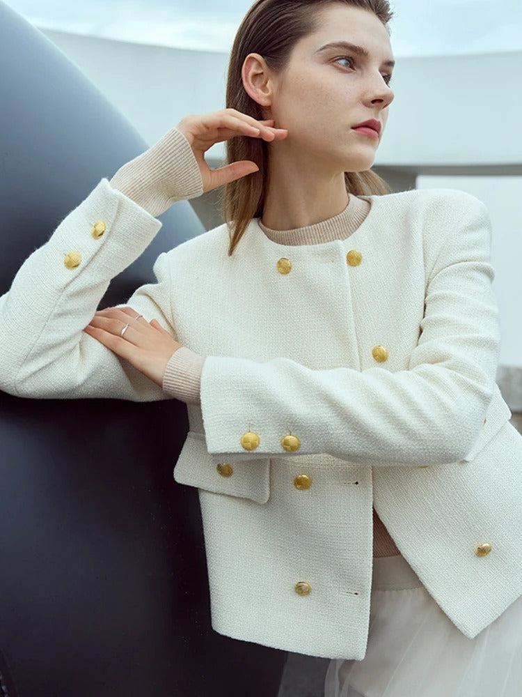 Veste courte de printemps ample à double boutonnage et col rond pour femme