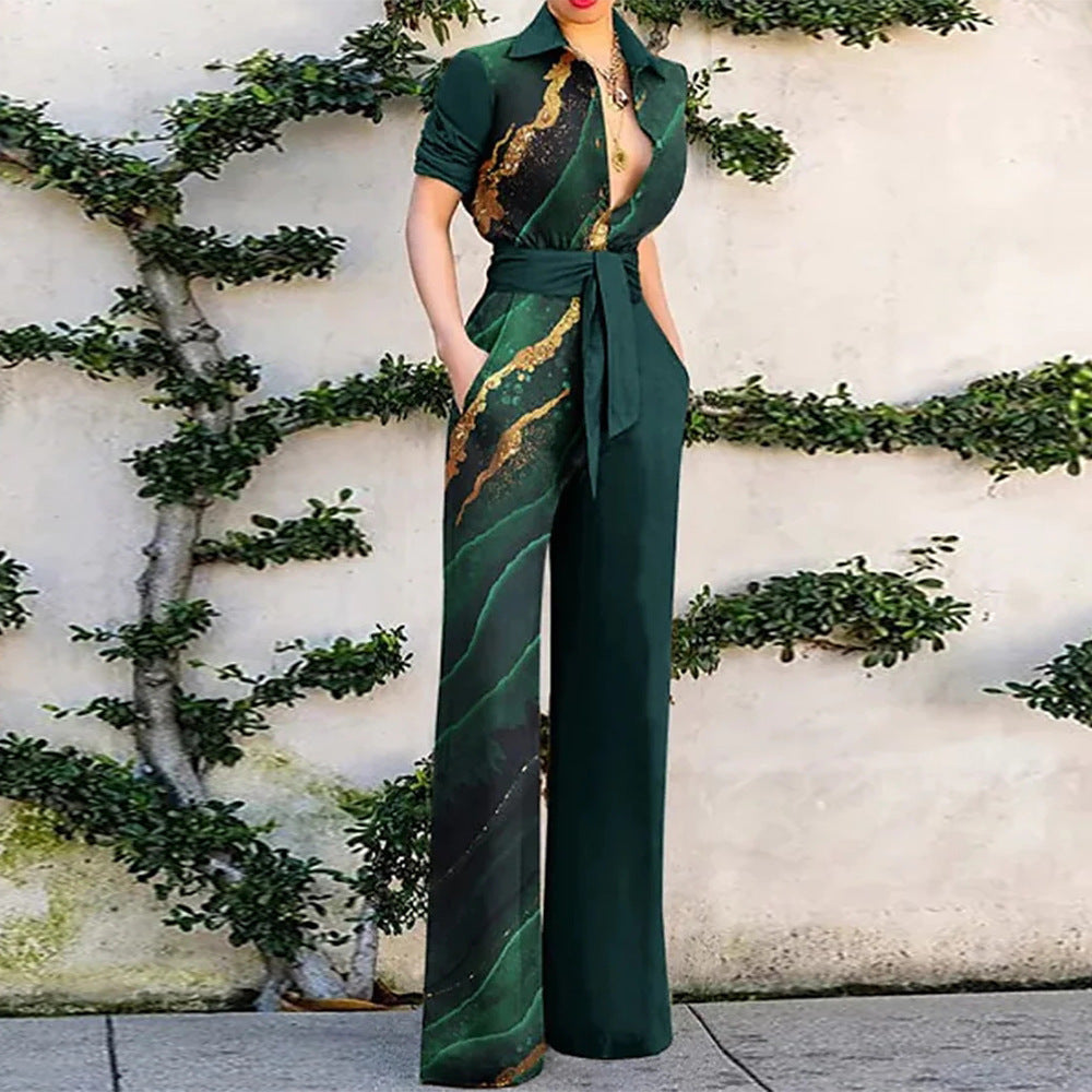 Women's Green Printed Long Sleeve Lapel Loose Casual Jumpsuit Polyester