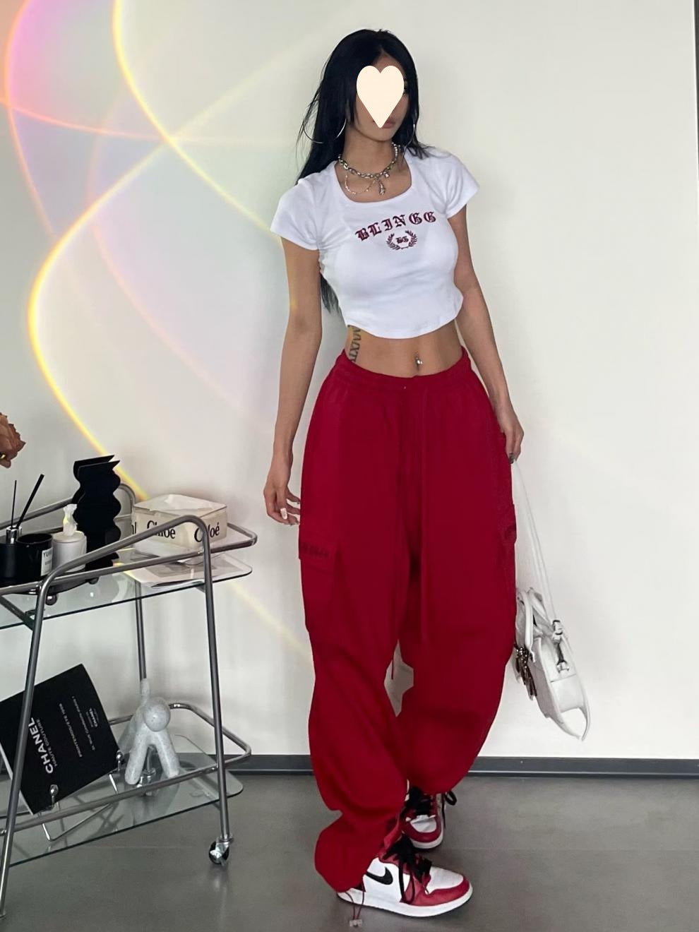 Women's Red High Waist Wide-Leg Pants with Pockets S-2XL