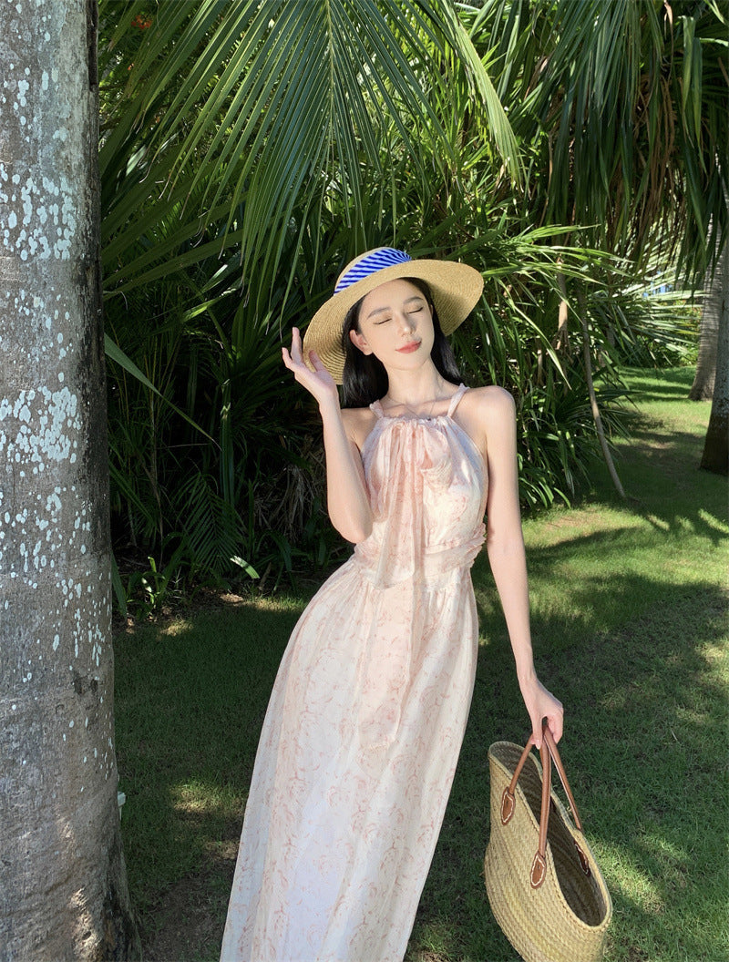 French Halter Lace-Up Sleeveless Off-Shoulder Floral Seaside Holiday Dress