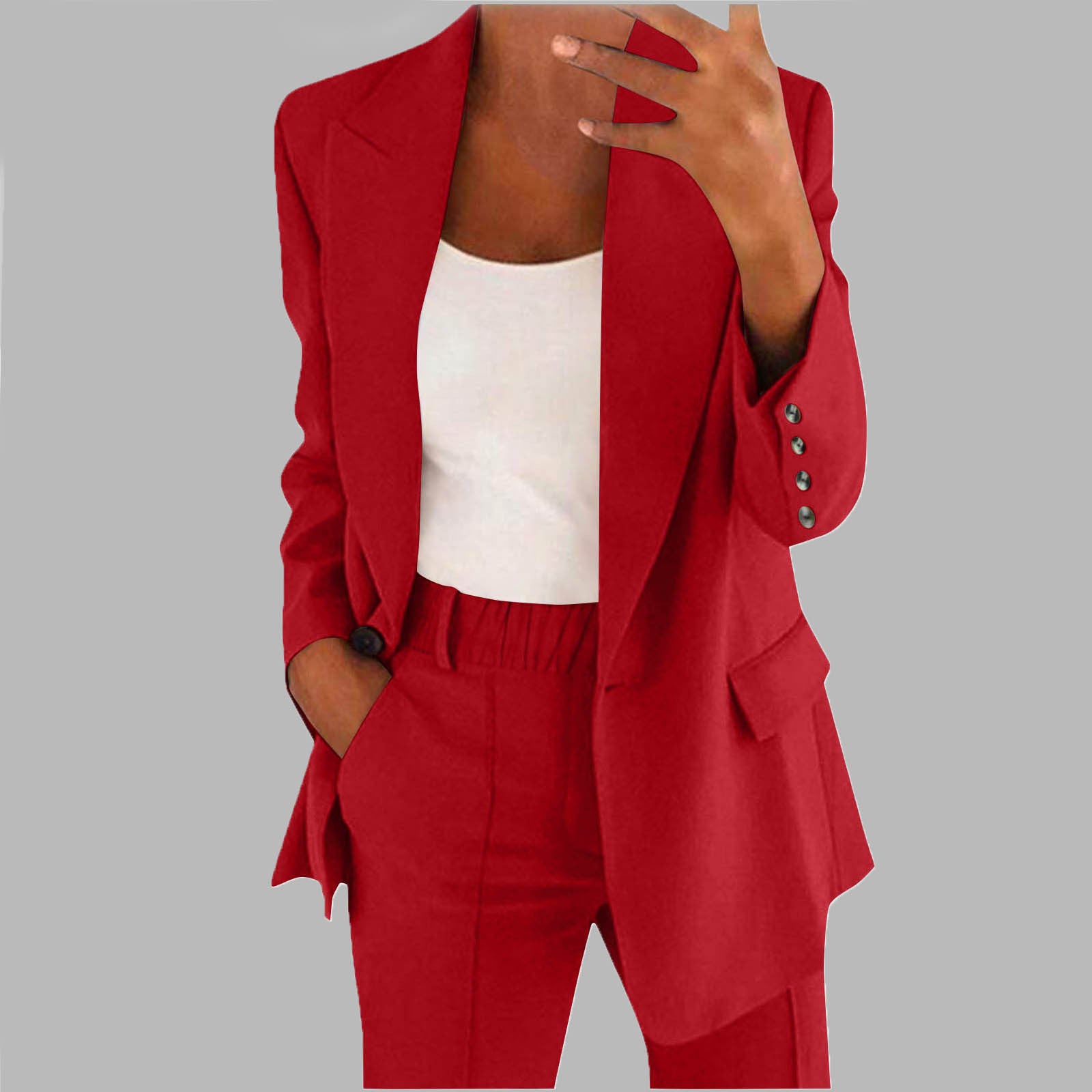 Slim Lapel Cardigan Suit Set with Button Detail