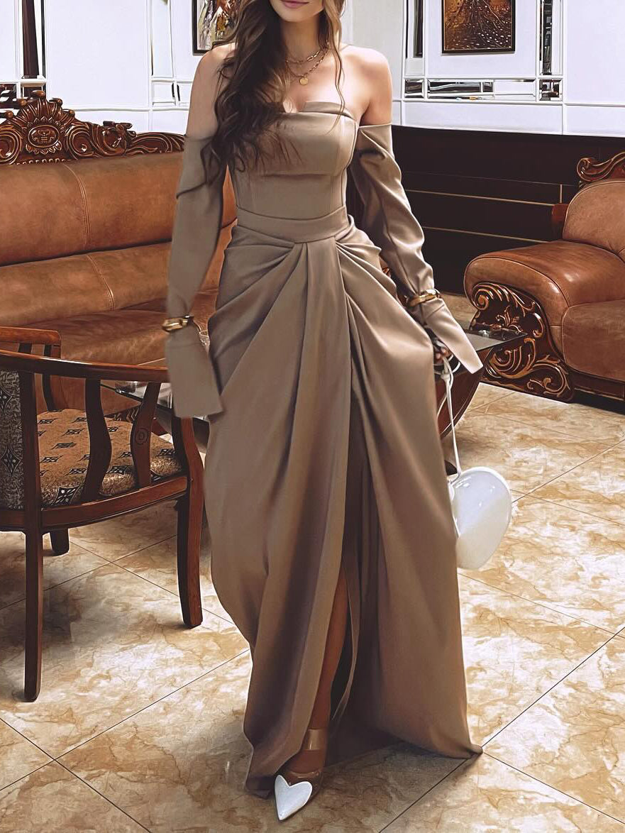 Off-Shoulder Draped Maxi Evening Dress Polyester