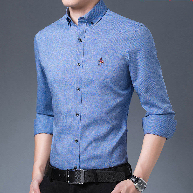 Men's Long-sleeved Bamboo Fiber Solid Color Fine Grid Stretch Business Slim Shirt