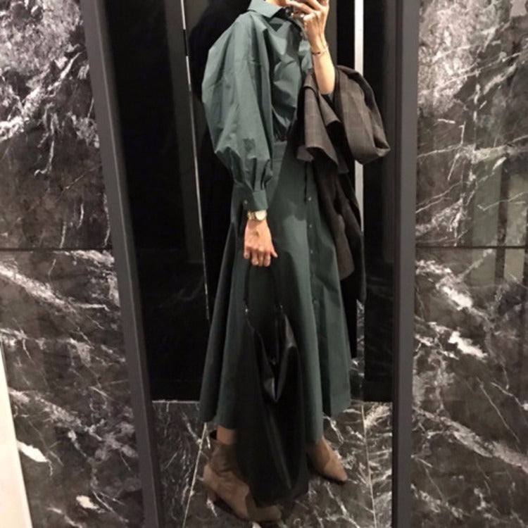 Cotton Lapel Shirt Style Slim Waist Long Dress