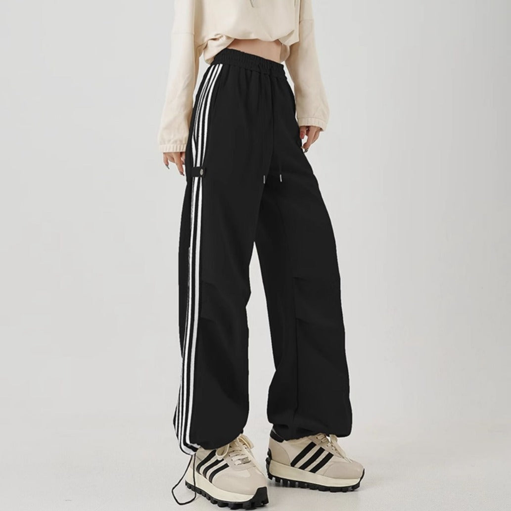American Striped Wide-Leg Cotton Workwear Sweatpants in Khaki, Black & Dark Gray