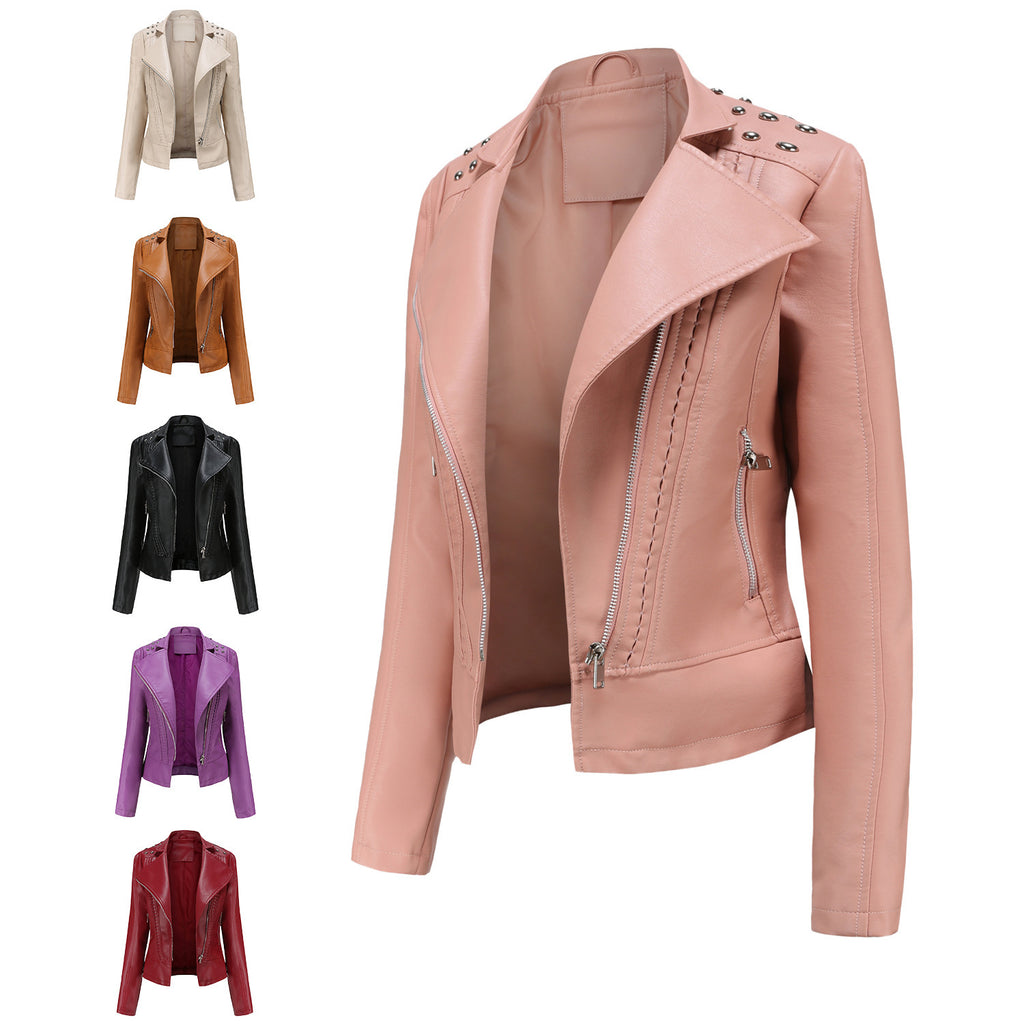 Beaded Leather Women's Long-Sleeve Lapel Motorcycle Jacket Thin Fashion Coat