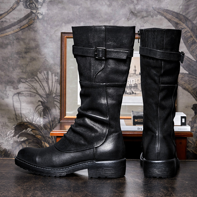 Bottes motardes montantes à plateforme pour hommes avec fermeture éclair latérale