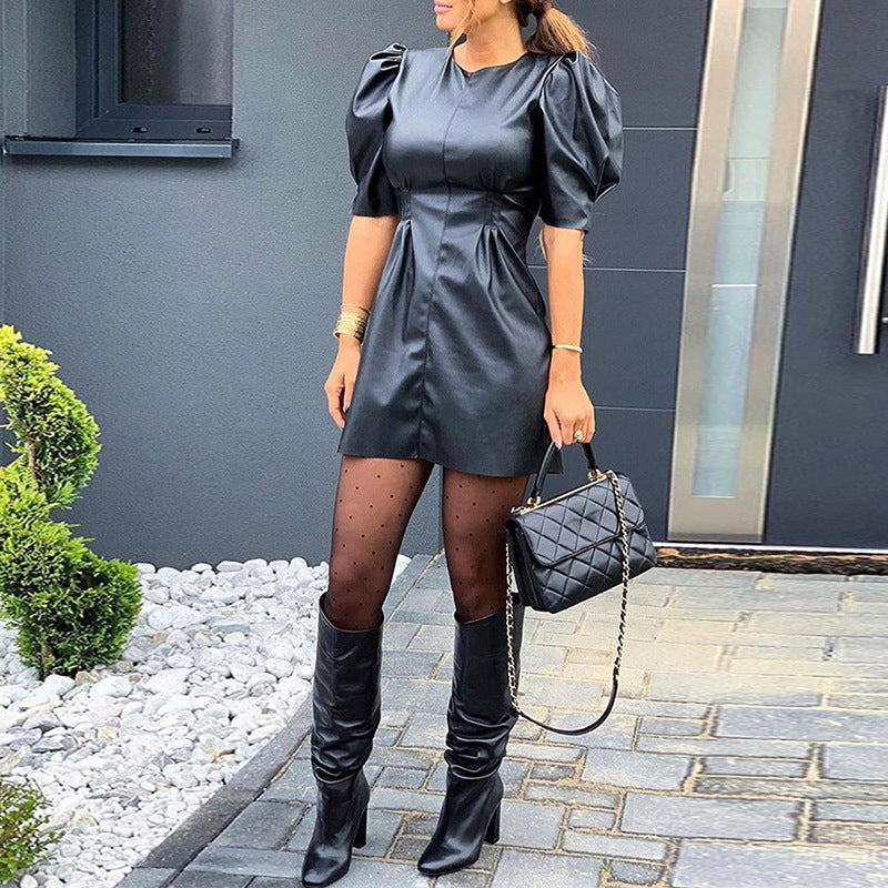 Lantern Sleeve Round Neck PU Leather Waist Skirt