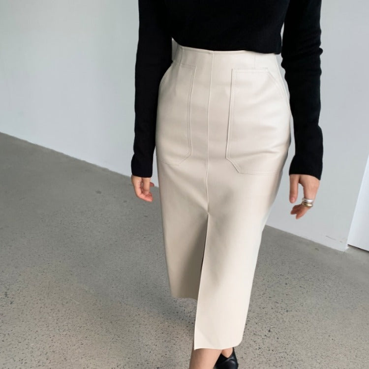 High Waist Mid-Length PU Leather Hip Skirt with Side Split