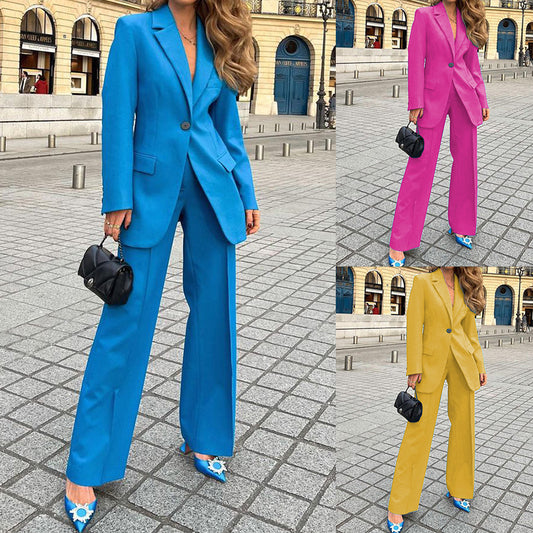 Blazer et pantalon décontractés unis, style deux pièces, pour femme.