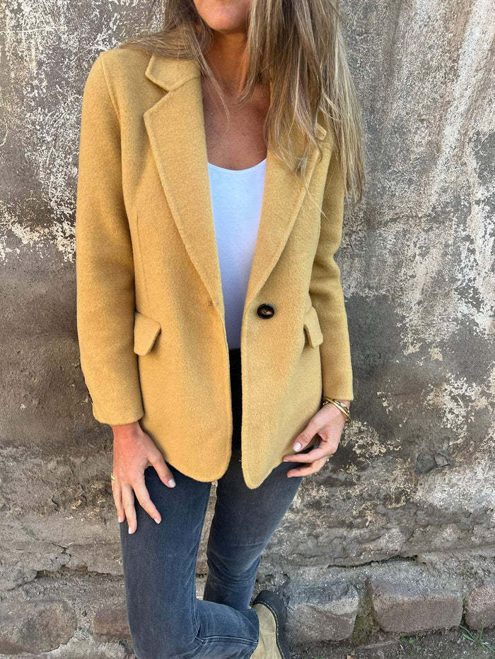 Women's Short Button Lapel Woolen Blazer Winter Commuter Jacket