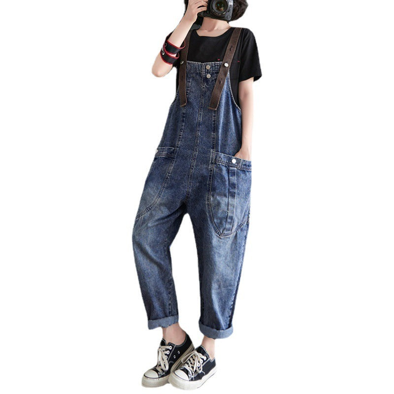 Women's Loose Light Blue Denim Overalls High Waist Slim Fit