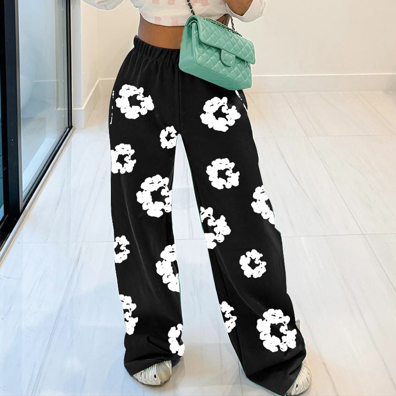 Women's Loose Black Casual Sweatpants with Offset Printing