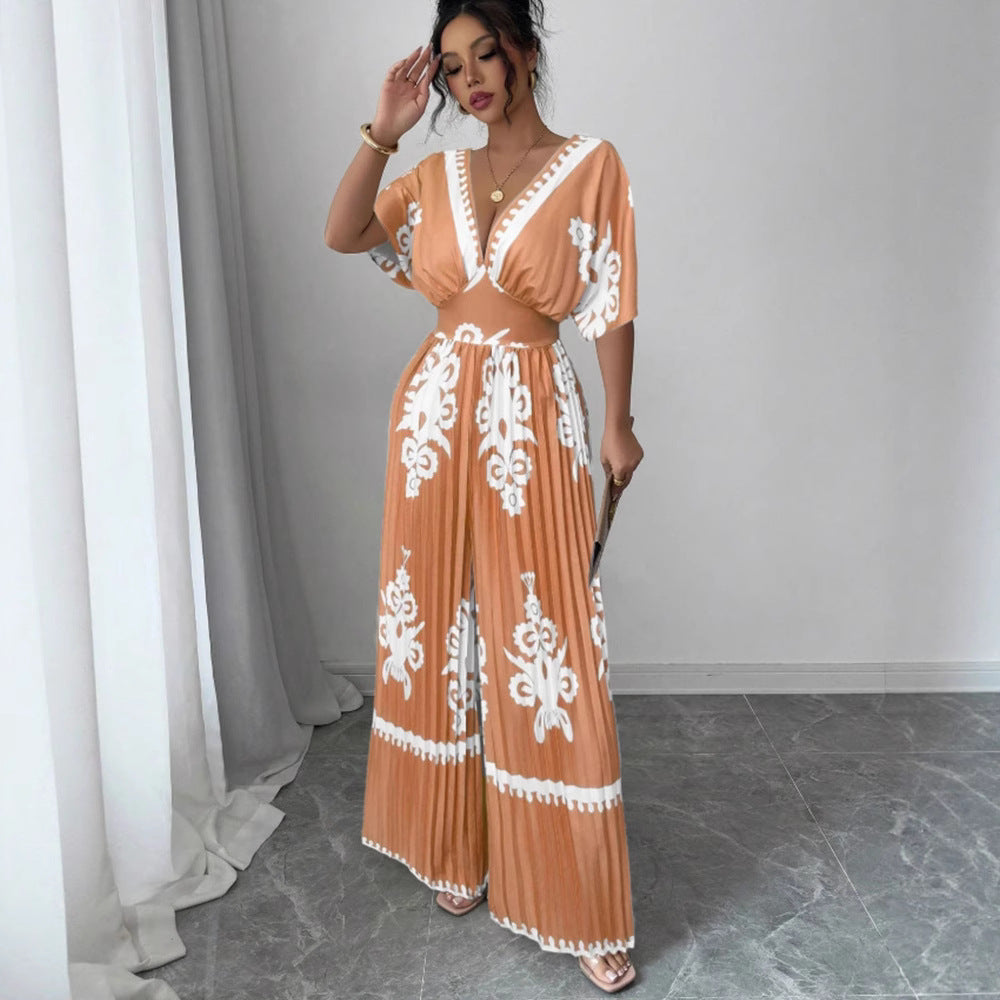 Casual Printed Pleated Loose Short-Sleeve Jumpsuit