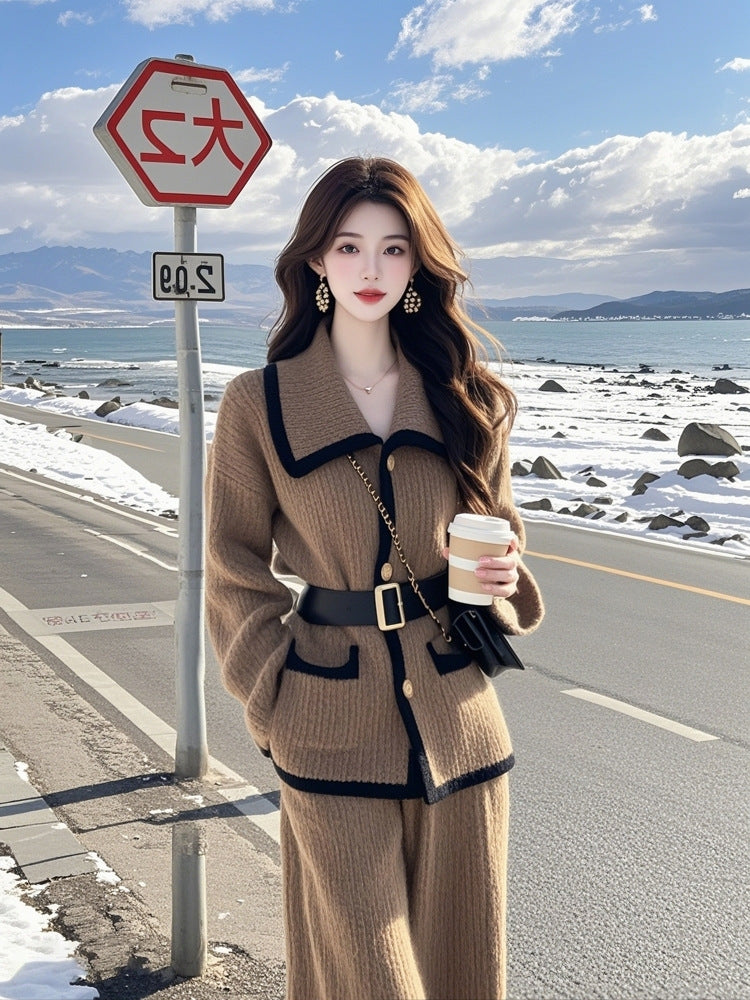 Brown Cotton Sweater Coat & Trousers Two-Piece Set for Women Free Size
