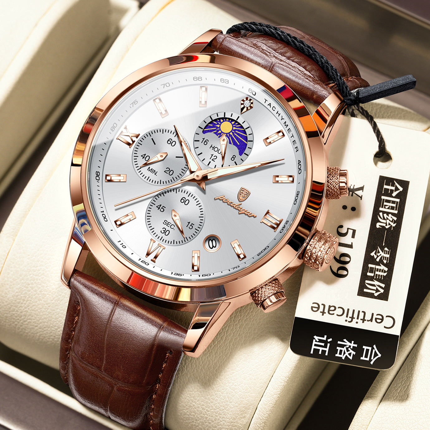 Montre pour homme avec phase de lune et chronographe multifonction
