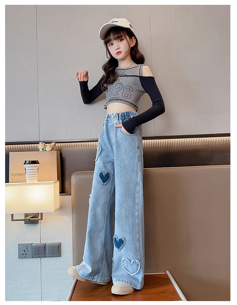 Girls' Blue Raw Edge Denim Wide-Leg Pants