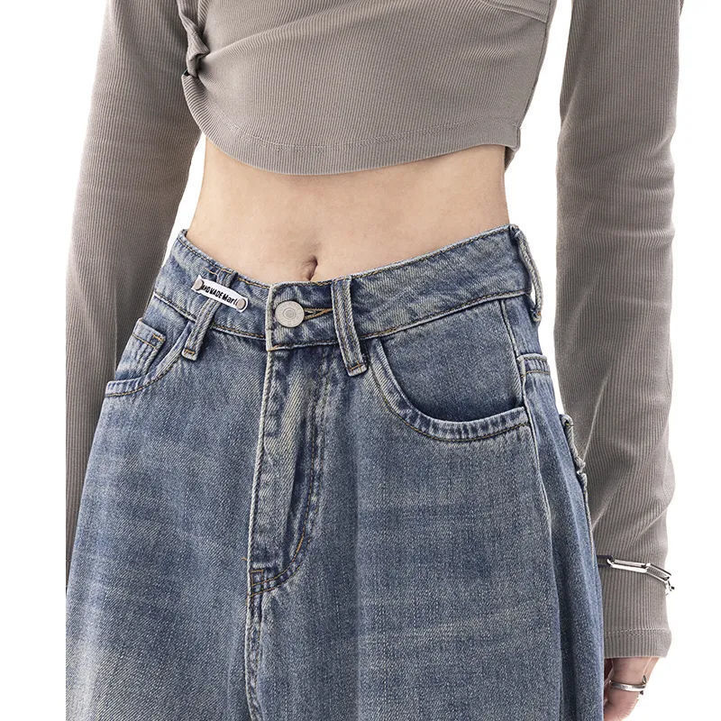 American High Street Retro Hong Kong Style Jeans Women's High Waist Loose All-matching Straight Wide Leg Pants Slim Pants