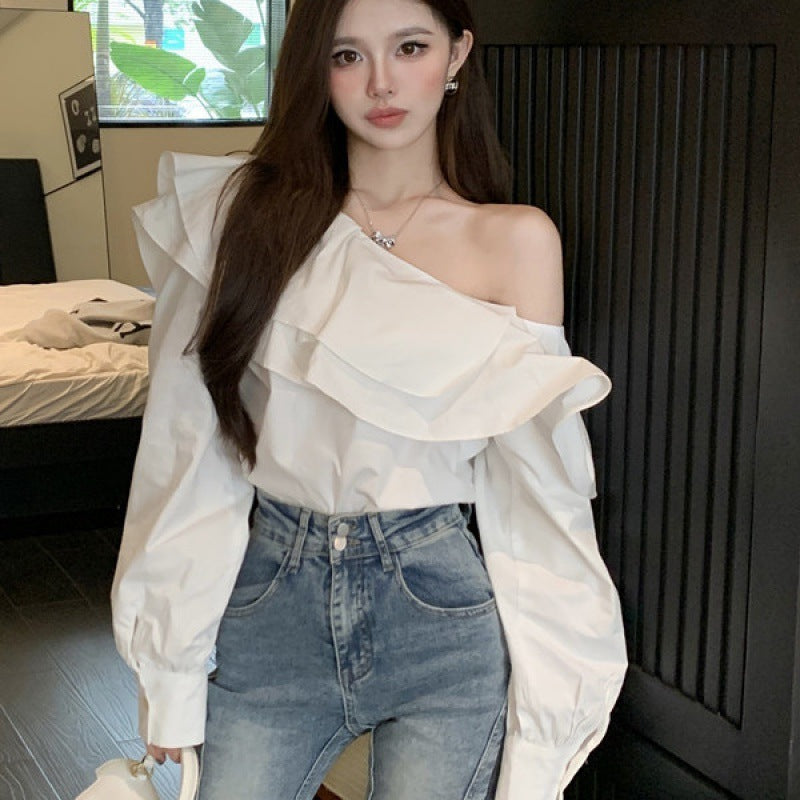 Women's Elegant Ruffled Off-Shoulder Long Sleeve Shirt