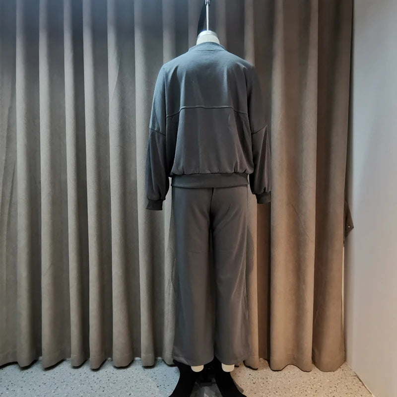 Solid Color Gray Polyester Zip Sweater & Casual Trousers Suit for Women