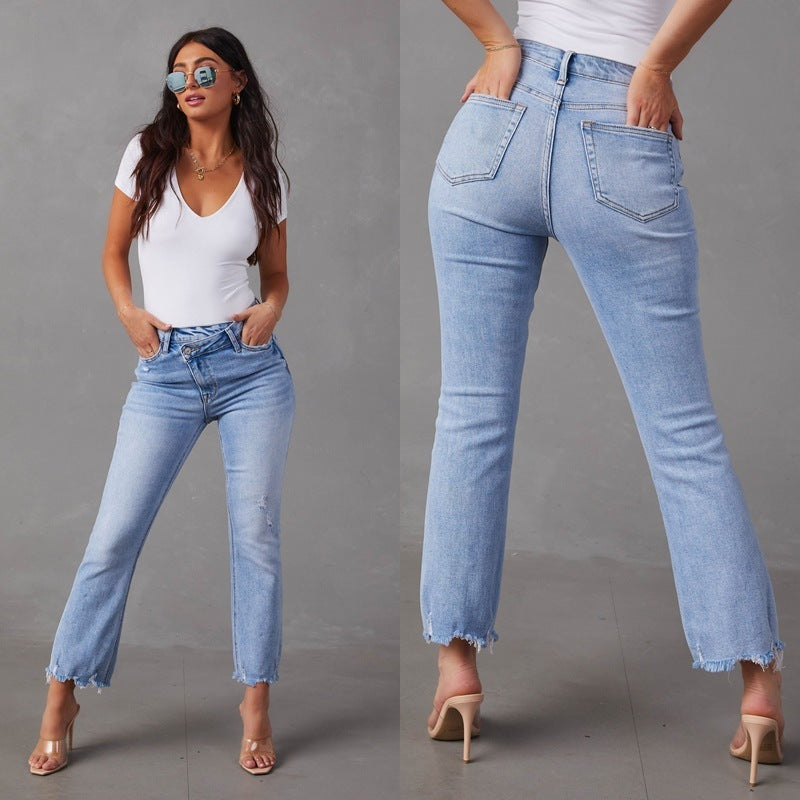 Jean femme bleu clair délavé et déchiré – Tailles S à 2XL