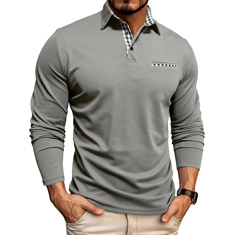 Chemise Polo à Manches Longues Revers et Patchwork Carreaux Décontractée Homme