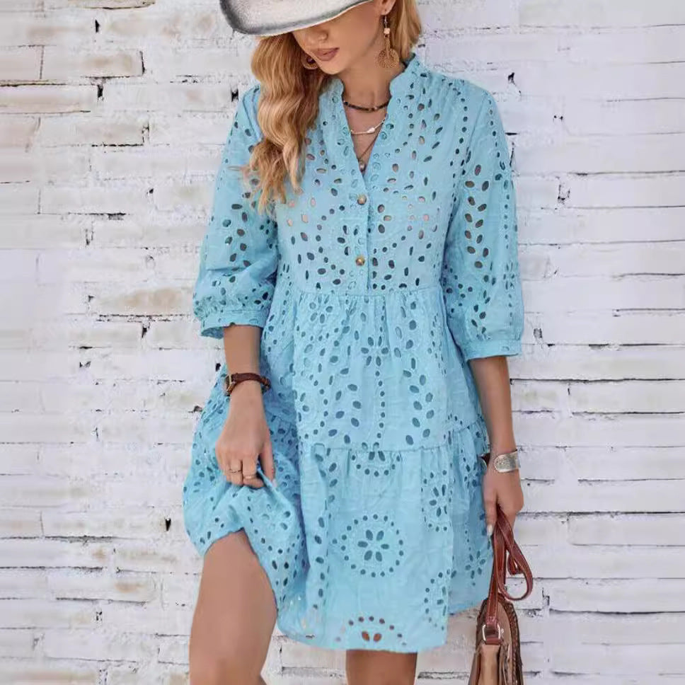 Women's Solid Color Button Dress in Lace Fabric