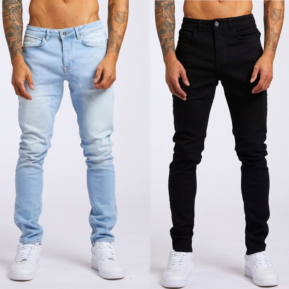 Jeans décontracté taille haute coupe slim pour homme bleu clair et noir