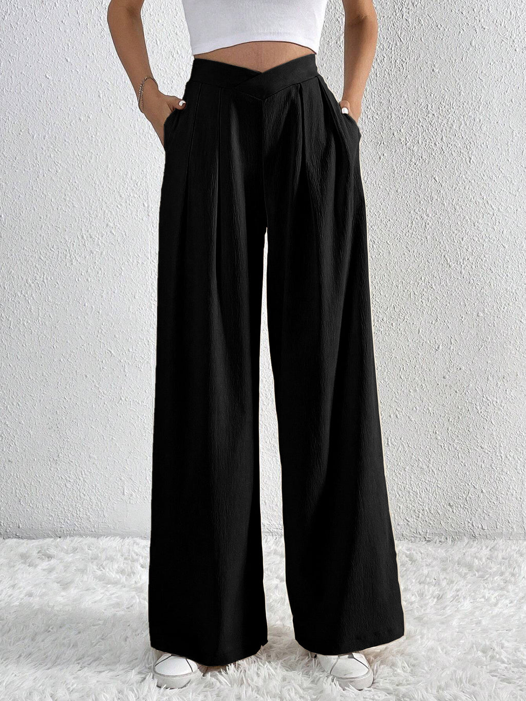 Summer Solid Color Pleated Wide-Leg Casual Pants for Women