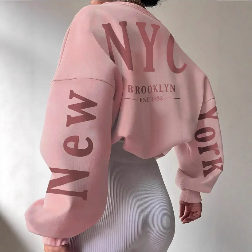 Loose Letter Print Round Neck Sweater for Women