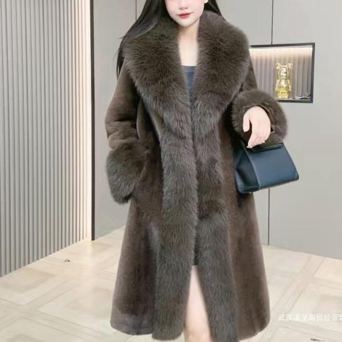 Women’s Mink Fur Collar Leather Overcoat Medium Length