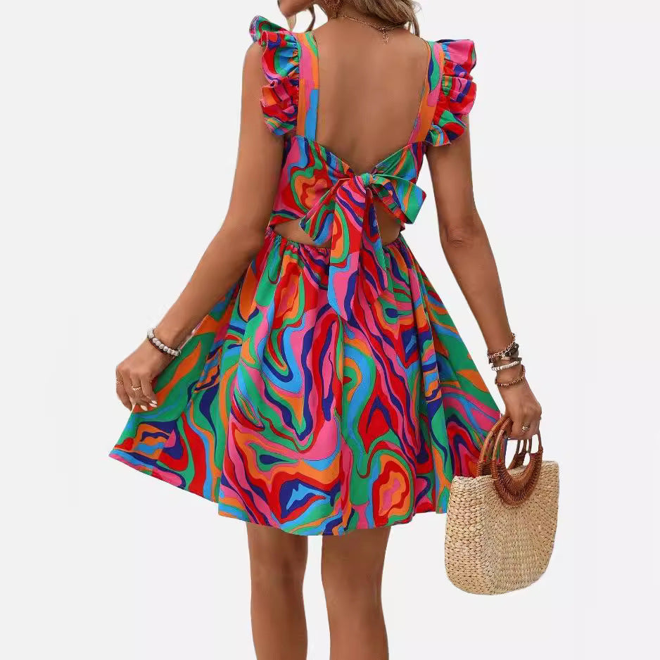Printed Lace-Up Backless Frill Holiday Dress
